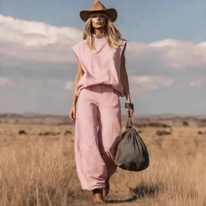 ☀️ Sommerneuheiten – Limited Time Discount 🎁 Wildwest-Set – ärmelloses Oberteil & weite Hose mit engen Knöcheln – aus weichem Wildlederimitat – stylisch, bequem & vielseitig