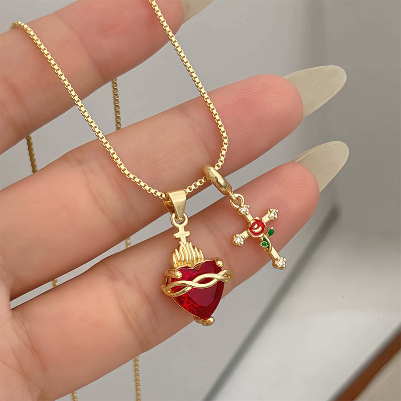 Anhänger-Halskette mit Heiligem Herz & Rosenkreuz✝️🌹