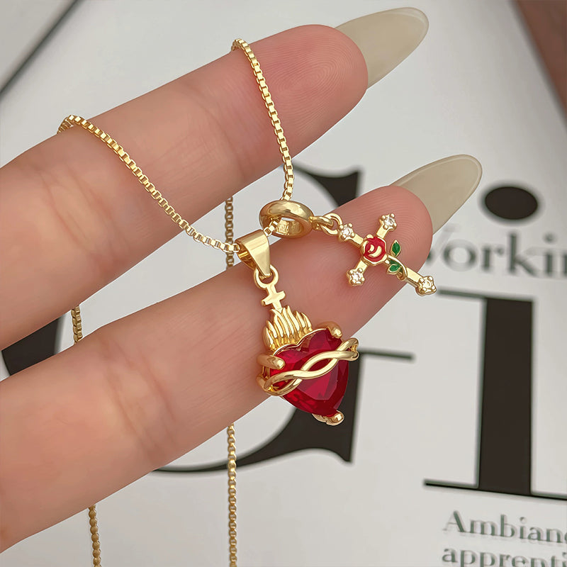 Anhänger-Halskette mit Heiligem Herz & Rosenkreuz✝️🌹