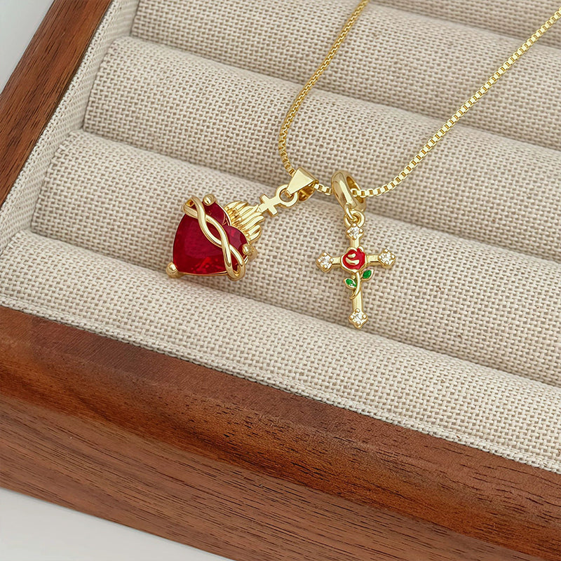 Anhänger-Halskette mit Heiligem Herz & Rosenkreuz✝️🌹