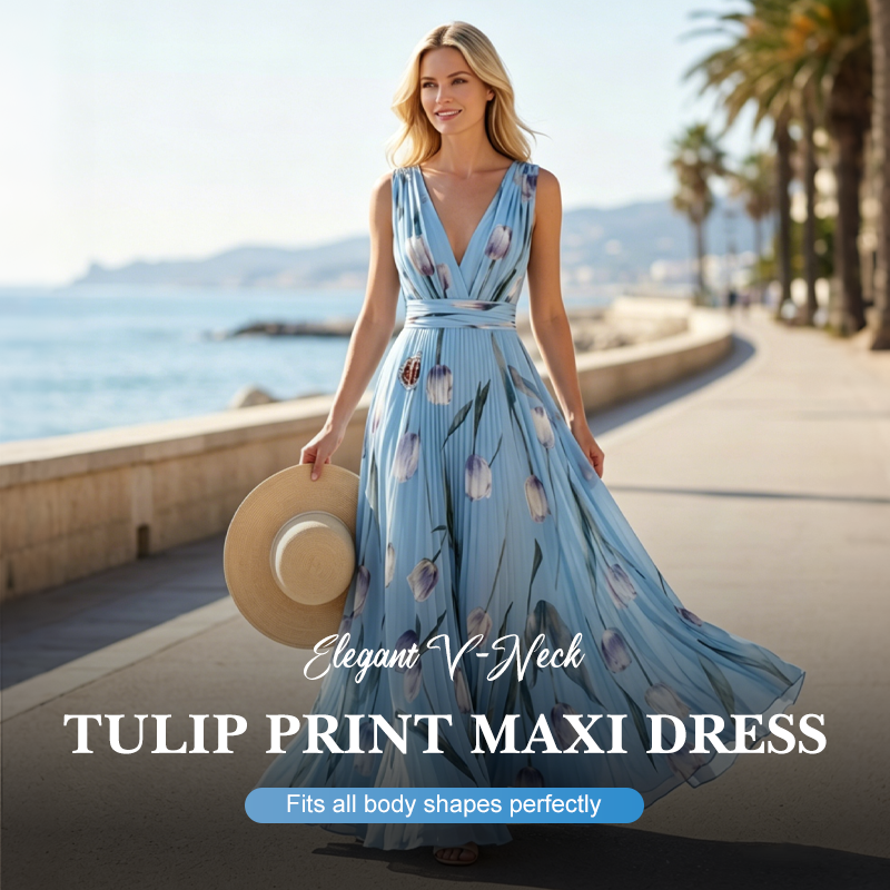 🌞NEU: Sommerkollektion mit bis zu 50% Rabatt🛍️Elegant V-Neck Tulip Print Maxi Dress