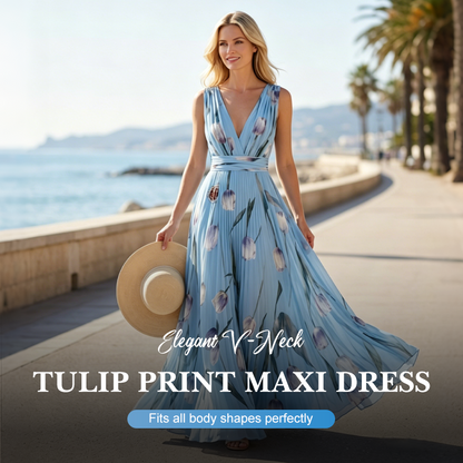 🌞NEU: Sommerkollektion mit bis zu 50% Rabatt🛍️Elegant V-Neck Tulip Print Maxi Dress