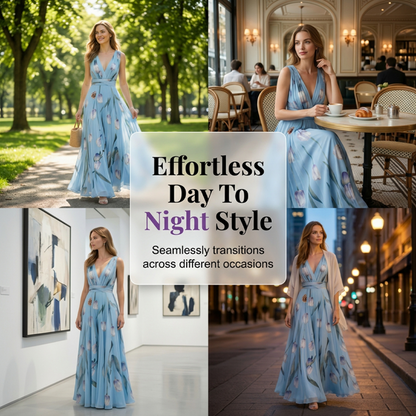🌞NEU: Sommerkollektion mit bis zu 50% Rabatt🛍️Elegant V-Neck Tulip Print Maxi Dress