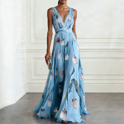 🌞NEU: Sommerkollektion mit bis zu 50% Rabatt🛍️Elegant V-Neck Tulip Print Maxi Dress
