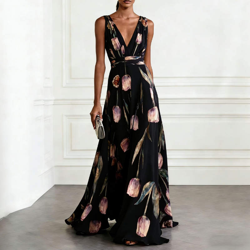 🌞NEU: Sommerkollektion mit bis zu 50% Rabatt🛍️Elegant V-Neck Tulip Print Maxi Dress