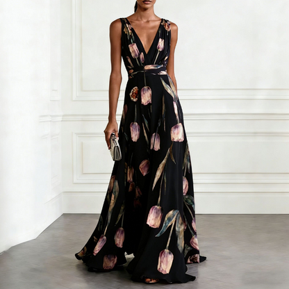 🌞NEU: Sommerkollektion mit bis zu 50% Rabatt🛍️Elegant V-Neck Tulip Print Maxi Dress