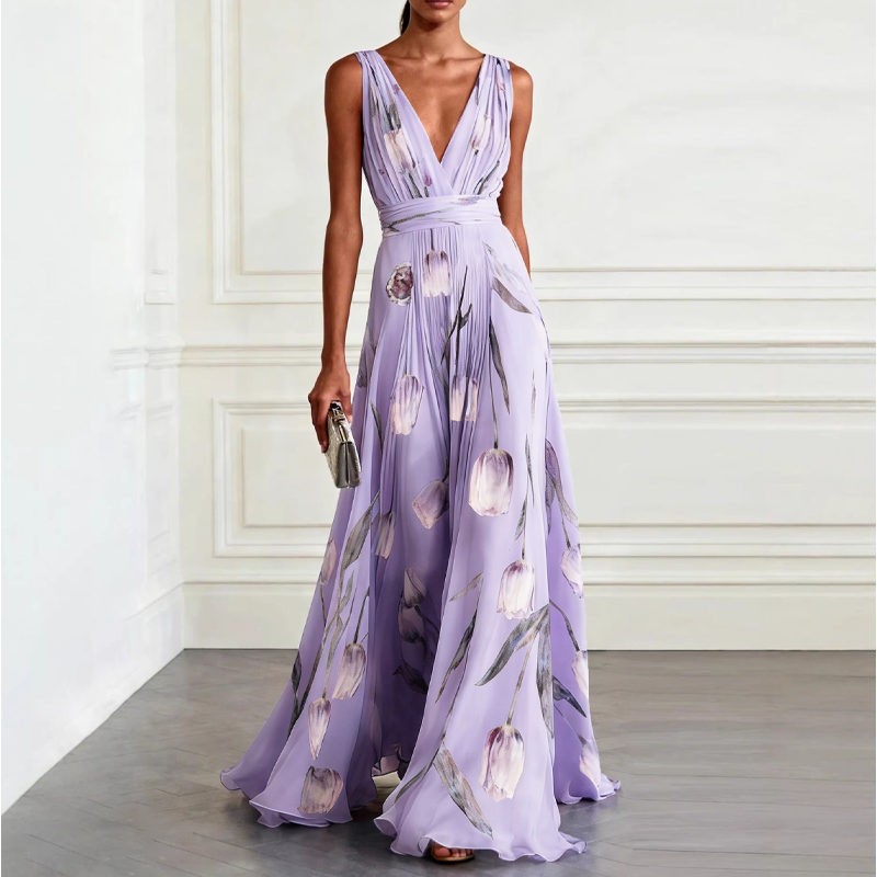 🌞NEU: Sommerkollektion mit bis zu 50% Rabatt🛍️Elegant V-Neck Tulip Print Maxi Dress