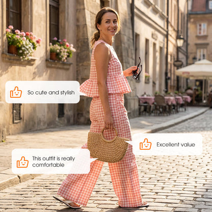 🌞 Sommerneuheiten – Jetzt bis zu 50% sparen! 💰Zweiteiliges Damen-Set mit Karomuster – Oberteil mit Rüschen & Hose