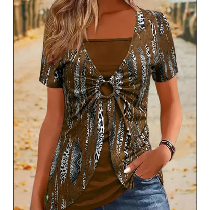 🐆✨ LIMITED OFFER: 50% RABATT! Damen Retro-Oberteil mit eckigem Ausschnitt & Leopardenmuster – Optik Zweiteiler, kurze Ärmel