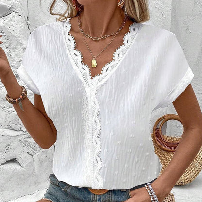 🌞NEU: Sommerkollektion mit bis zu 50% Rabatt 🛍️Elegantes Damen-Oberteil aus weißer Spitze – V-Ausschnitt, kurze Ärmel – feminin, luftig & vielseitig