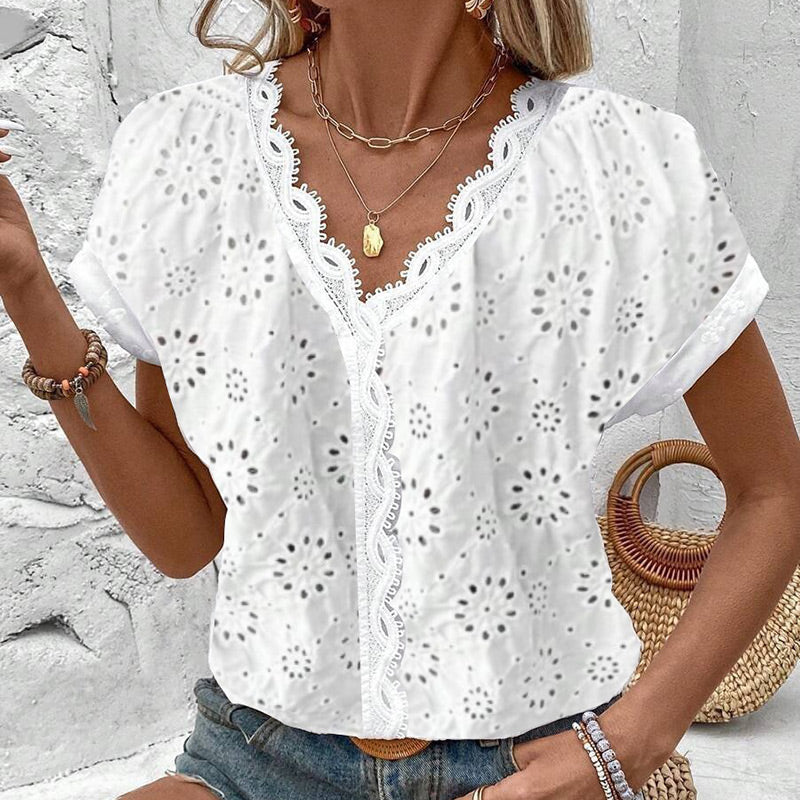 🌞NEU: Sommerkollektion mit bis zu 50% Rabatt 🛍️Elegantes Damen-Oberteil aus weißer Spitze – V-Ausschnitt, kurze Ärmel – feminin, luftig & vielseitig