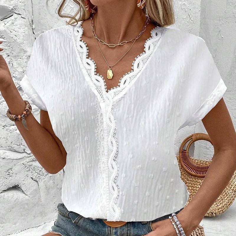 🌞NEU: Sommerkollektion mit bis zu 50% Rabatt 🛍️Elegantes Damen-Oberteil aus weißer Spitze – V-Ausschnitt, kurze Ärmel – feminin, luftig & vielseitig