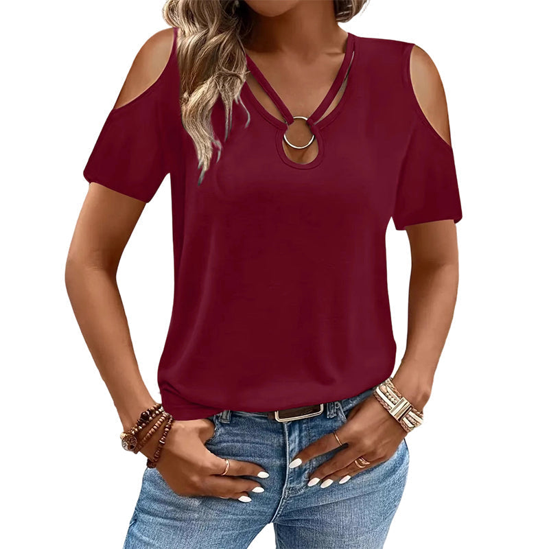 🌞 Sommerneuheiten – Jetzt bis zu 50% sparen! 💰Damen Oberteil mit kühler Schulter & V-Ausschnitt – inklusive dekorativem Ringdetail – feminin, luftig & vielseitig