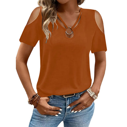 🌞 Sommerneuheiten – Jetzt bis zu 50% sparen! 💰Damen Oberteil mit kühler Schulter & V-Ausschnitt – inklusive dekorativem Ringdetail – feminin, luftig & vielseitig