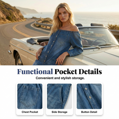 👖 50% RABATT! 🌬️ Off-Shoulder Denim-Jumpsuit mit weitem Bein – Lässiger Look, luftiger Schnitt & perfekt für Sommer und Urlaub – ein Hingucker für Strand & Stadt ✨