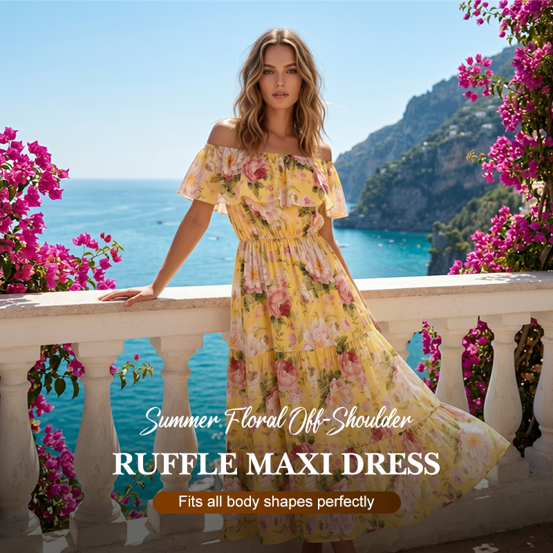 🌞NEU: Sommerkollektion mit bis zu 50% Rabatt 🛍️Sommerliches Maxikleid mit Blumenmuster, schulterfrei und mit Rüschen
