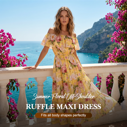 🌞NEU: Sommerkollektion mit bis zu 50% Rabatt 🛍️Sommerliches Maxikleid mit Blumenmuster, schulterfrei und mit Rüschen