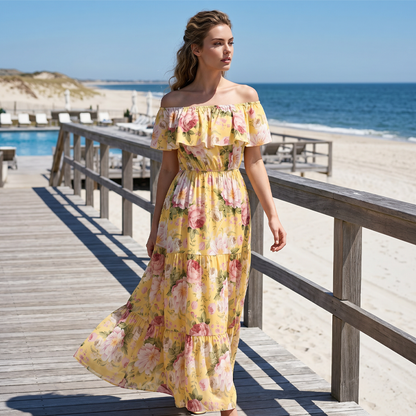 🌞NEU: Sommerkollektion mit bis zu 50% Rabatt 🛍️Sommerliches Maxikleid mit Blumenmuster, schulterfrei und mit Rüschen