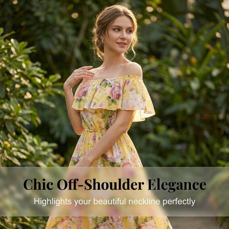 🌞NEU: Sommerkollektion mit bis zu 50% Rabatt 🛍️Sommerliches Maxikleid mit Blumenmuster, schulterfrei und mit Rüschen