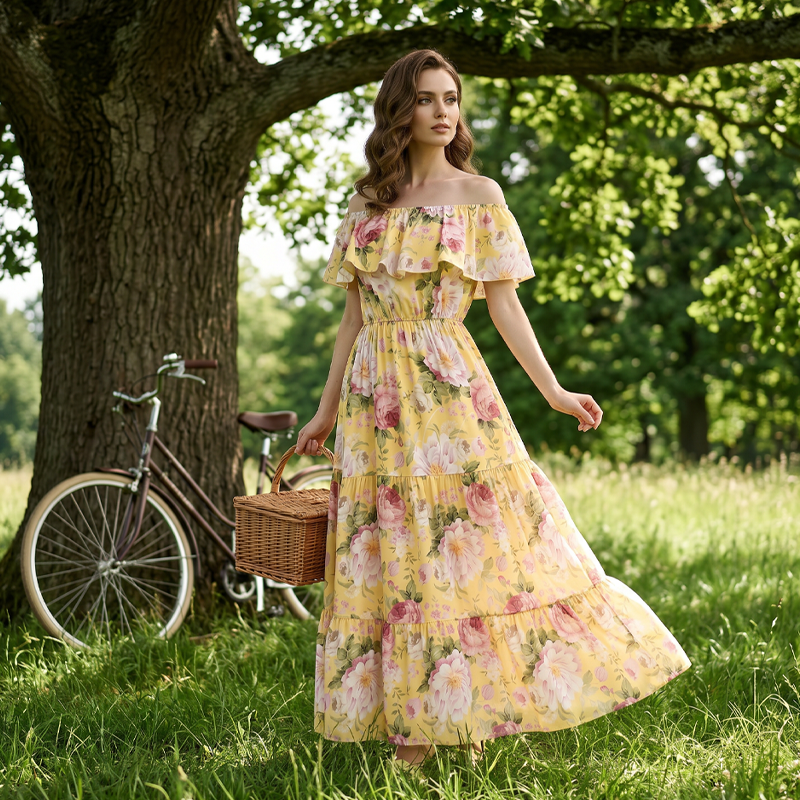 🌞NEU: Sommerkollektion mit bis zu 50% Rabatt 🛍️Sommerliches Maxikleid mit Blumenmuster, schulterfrei und mit Rüschen