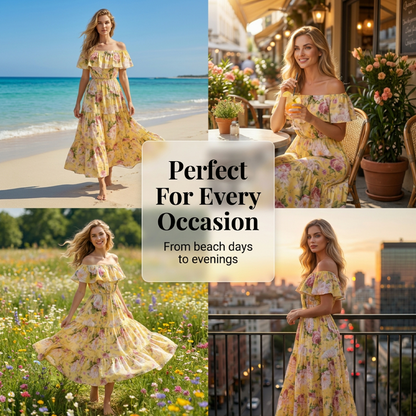 🌞NEU: Sommerkollektion mit bis zu 50% Rabatt 🛍️Sommerliches Maxikleid mit Blumenmuster, schulterfrei und mit Rüschen