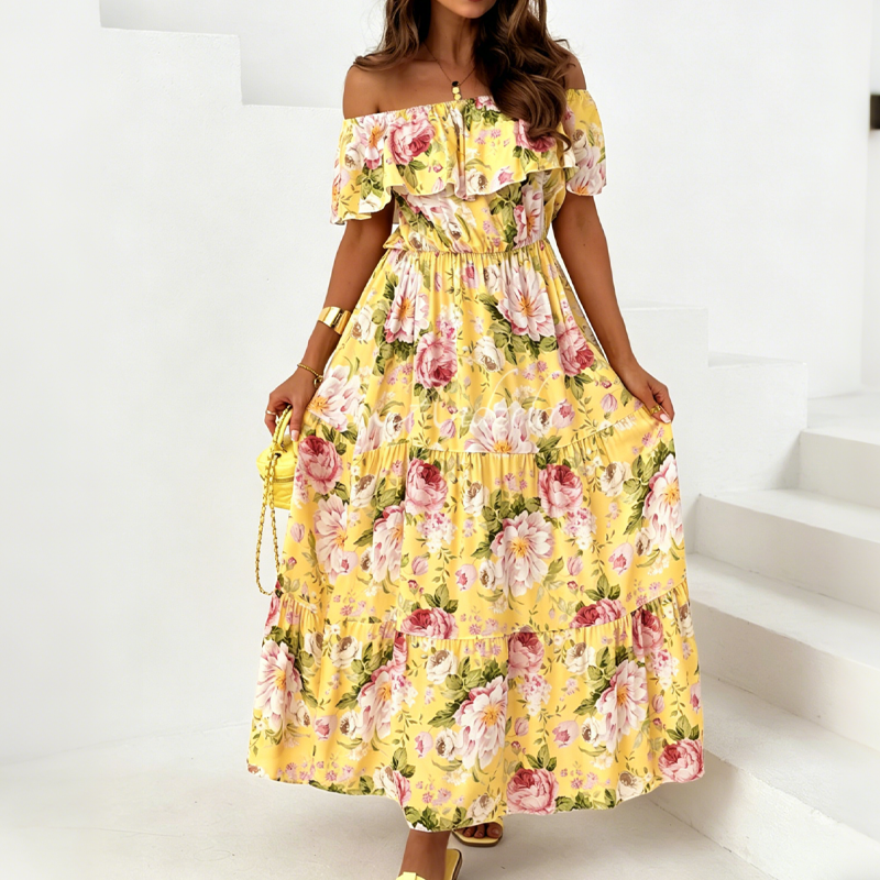 🌞NEU: Sommerkollektion mit bis zu 50% Rabatt 🛍️Sommerliches Maxikleid mit Blumenmuster, schulterfrei und mit Rüschen