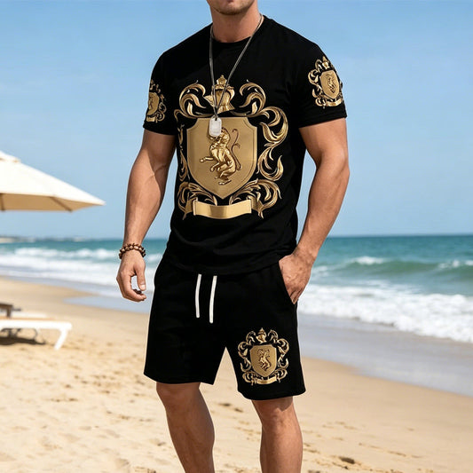 👕 JETZT 50 % RABATT! 👑 Herren-T-Shirt- und Shorts-Set mit Goldwappen-Print – Stylisch, atmungsaktiv und perfekt für lässige Sommertage oder sportliche Looks 🩳