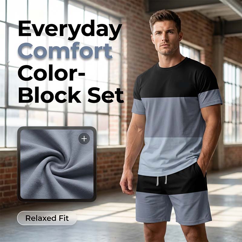 📢📢Letzter Tag – 50 % Rabatt!! ⏰2-teiliges Set aus T-Shirt und Shorts für Herren im Color-Block-Design