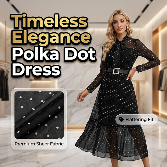 👗✨ Midikleid mit Polka-Dots – Schleifenkragen & elegant – Verspielt, feminin & perfekt für Frühling, Büro oder besondere Anlässe 🎀