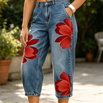 👖50% RABATT!🤍Damen Weite Jeans mit Künstlerischer Blumenapplikation