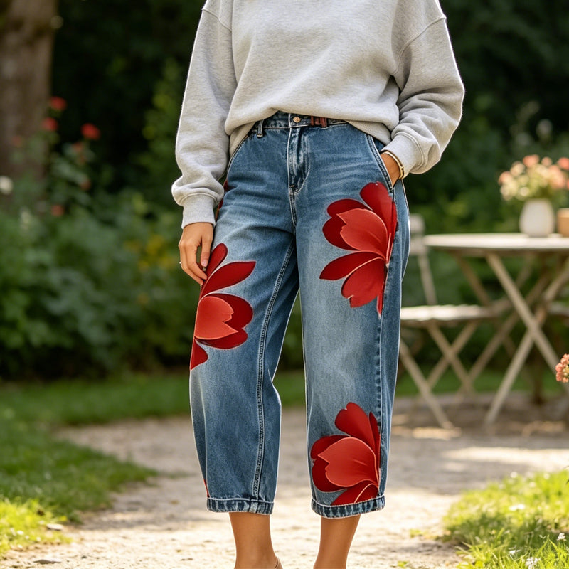 👖50% RABATT!🤍Damen Weite Jeans mit Künstlerischer Blumenapplikation