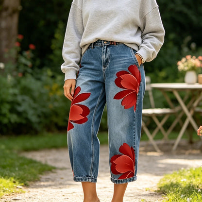 👖50% RABATT!🤍Damen Weite Jeans mit Künstlerischer Blumenapplikation