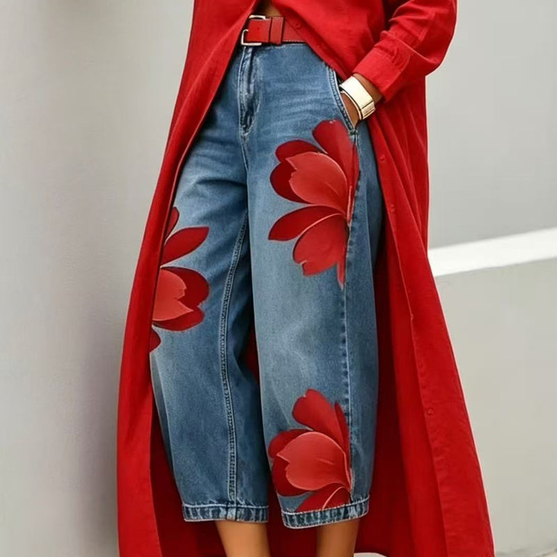👖50% RABATT!🤍Damen Weite Jeans mit Künstlerischer Blumenapplikation