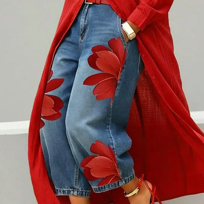 👖50% RABATT!🤍Damen Weite Jeans mit Künstlerischer Blumenapplikation
