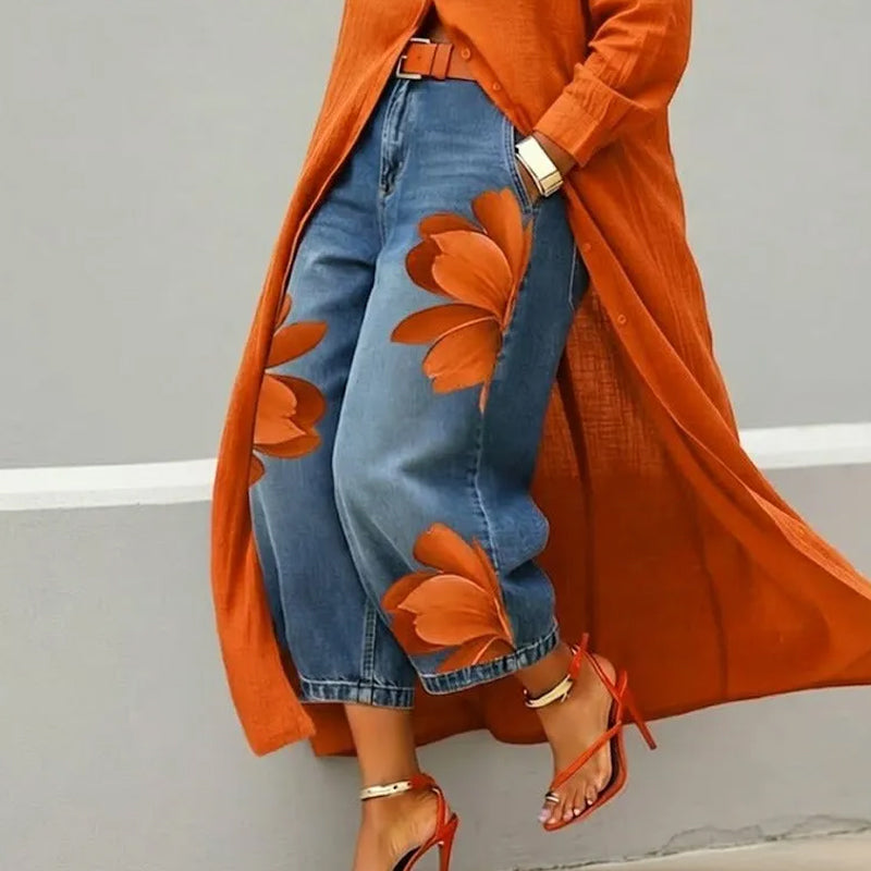 👖50% RABATT!🤍Damen Weite Jeans mit Künstlerischer Blumenapplikation
