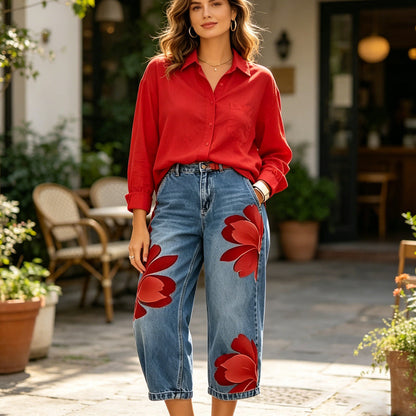 👖50% RABATT!🤍Damen Weite Jeans mit Künstlerischer Blumenapplikation