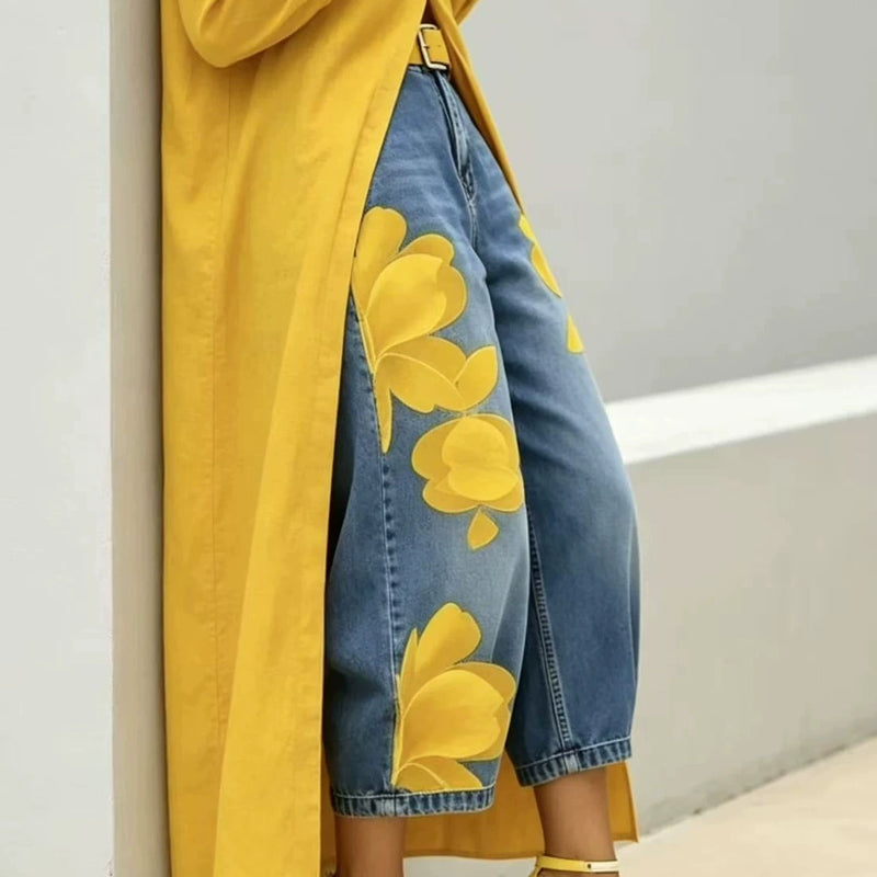 👖50% RABATT!🤍Damen Weite Jeans mit Künstlerischer Blumenapplikation
