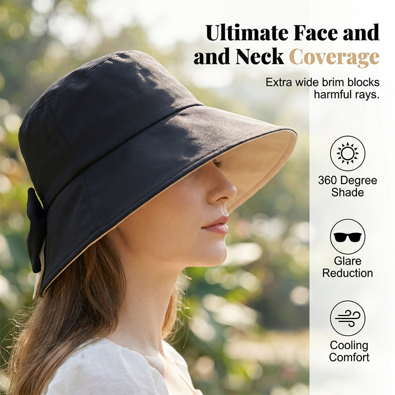 👒✨JETZT 50 % RABATT! ✨ Damen Sonnenhut mit breiter Krempe & dekorativer Schleife, faltbarer atmungsaktiver Stoff mit 360° UV-Schutz für Strand, Garten und Urlaub ✨