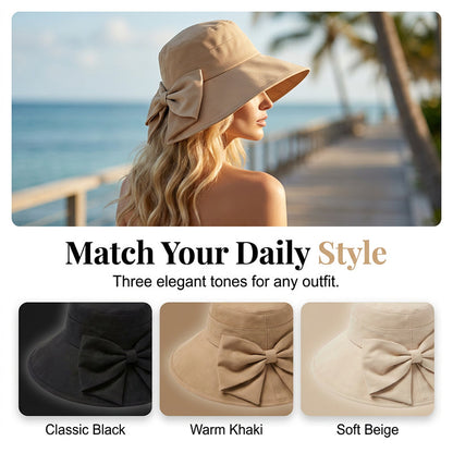 👒✨JETZT 50 % RABATT! ✨ Damen Sonnenhut mit breiter Krempe & dekorativer Schleife, faltbarer atmungsaktiver Stoff mit 360° UV-Schutz für Strand, Garten und Urlaub ✨