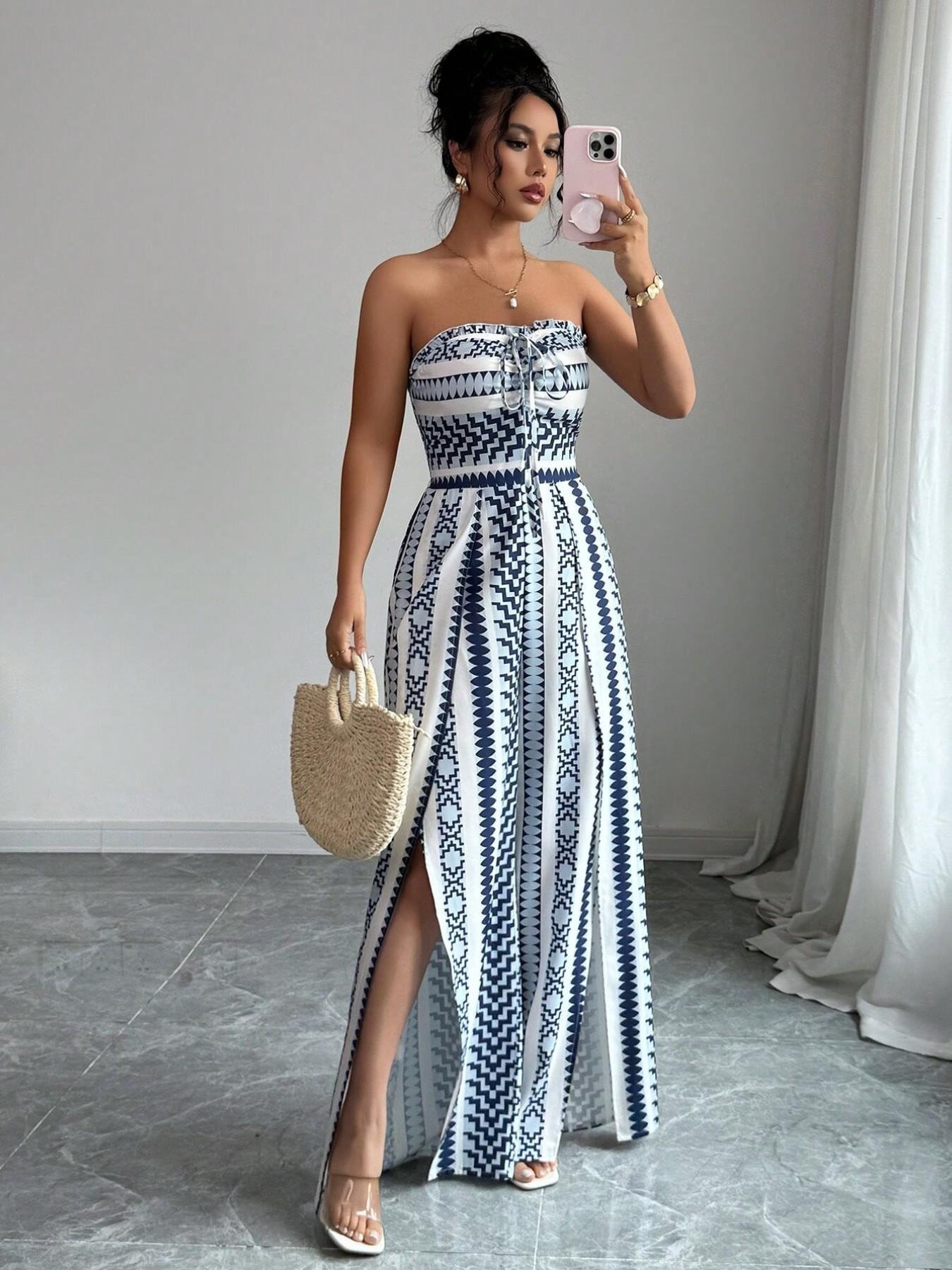 🎁Neu eingetroffen – 50 % Rabatt💥 Geometrischer Jumpsuit mit Neckholder-Ausschnitt und Seitenschlitz – Einzigartiger Print, elegante Passform, vielseitiger Stil ✨