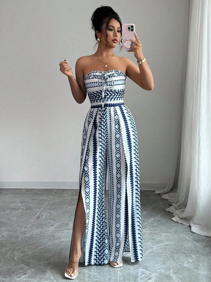 🎁Neu eingetroffen – 50 % Rabatt💥 Geometrischer Jumpsuit mit Neckholder-Ausschnitt und Seitenschlitz – Einzigartiger Print, elegante Passform, vielseitiger Stil ✨