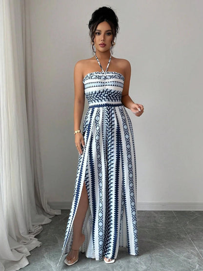 🎁Neu eingetroffen – 50 % Rabatt💥 Geometrischer Jumpsuit mit Neckholder-Ausschnitt und Seitenschlitz – Einzigartiger Print, elegante Passform, vielseitiger Stil ✨
