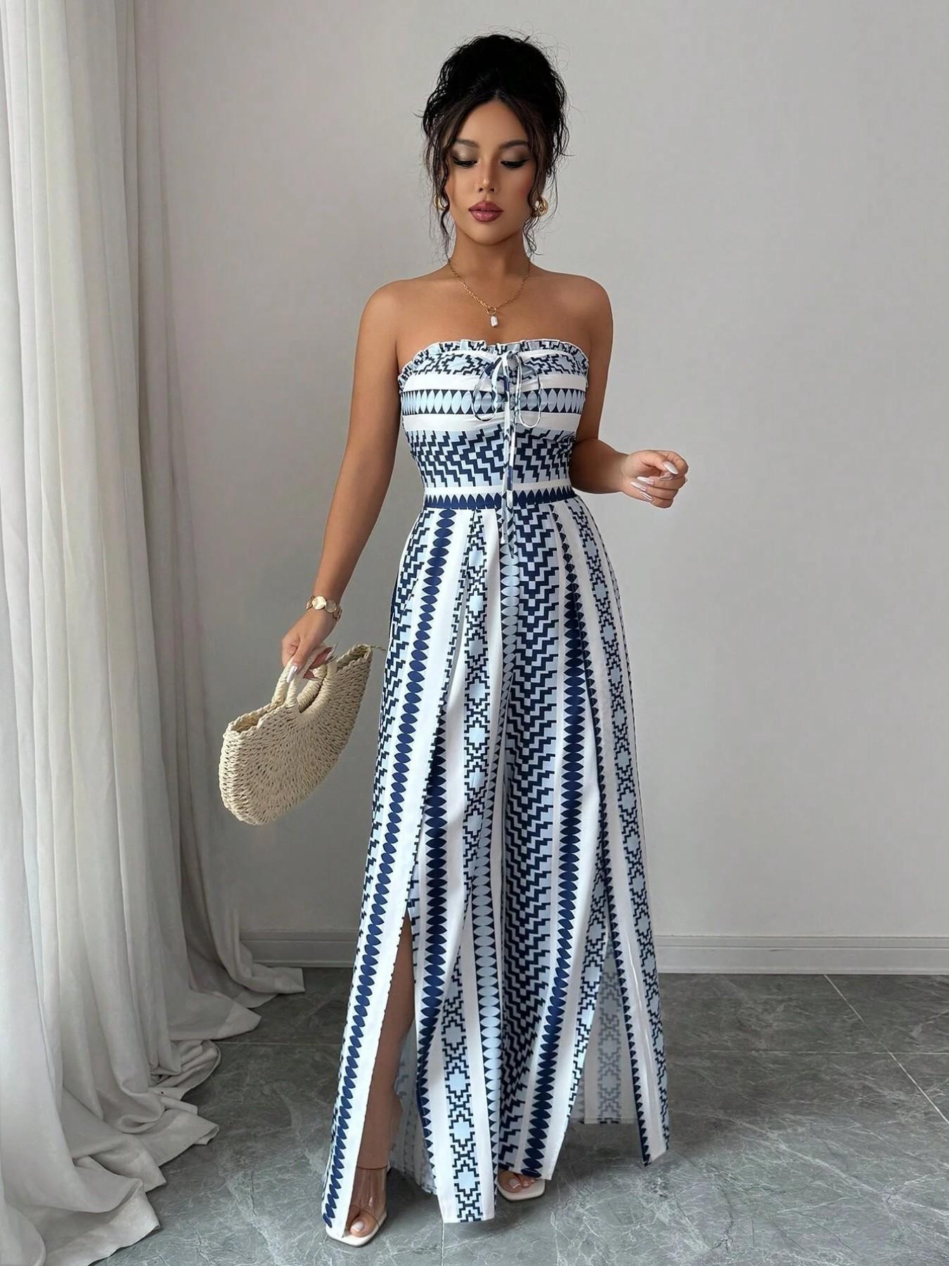 🎁Neu eingetroffen – 50 % Rabatt💥 Geometrischer Jumpsuit mit Neckholder-Ausschnitt und Seitenschlitz – Einzigartiger Print, elegante Passform, vielseitiger Stil ✨