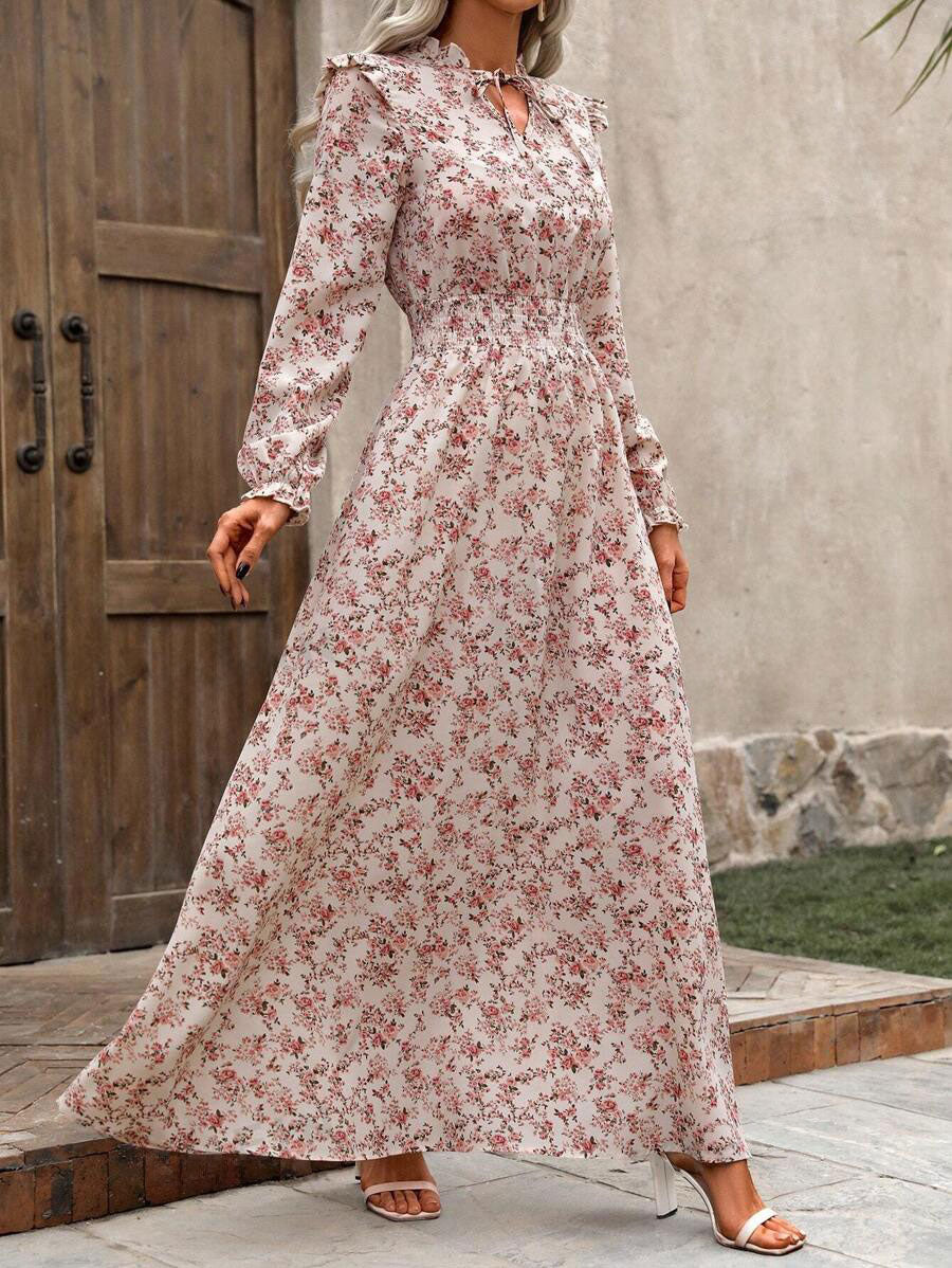 ✨LUNE Damen Urlaubs-Stil Kleines Blumenmuster Tailliertes Maxi-Kleid