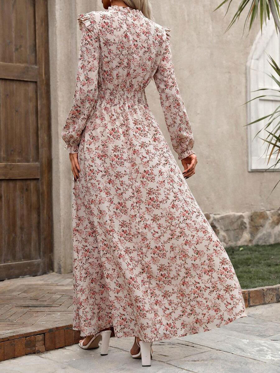 ✨LUNE Damen Urlaubs-Stil Kleines Blumenmuster Tailliertes Maxi-Kleid