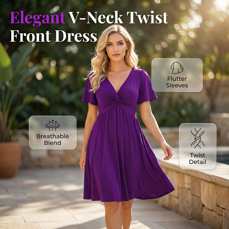 ✨Elegantes V-Ausschnitt Twist-Front Kleid👗｜Mit praktischen Taschen👝