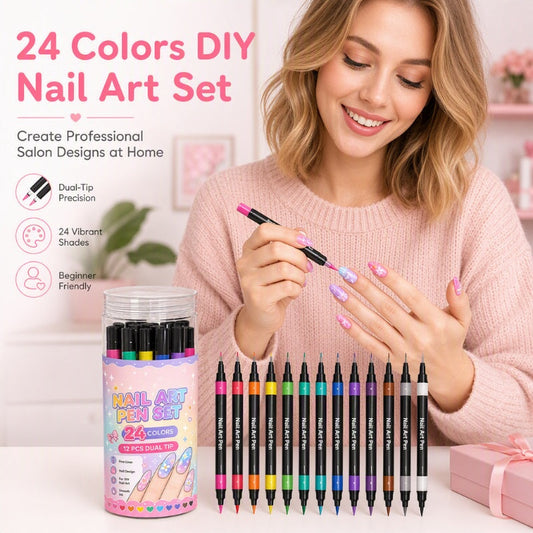 💅 FLASH PROMO: 50% KORTING! ⏰ Set van 12 Dubbelzijdige Nail Art Pennen – 24 Levendige Kleuren – Fijne Punt & Penseel voor DIY Manicure 🎨