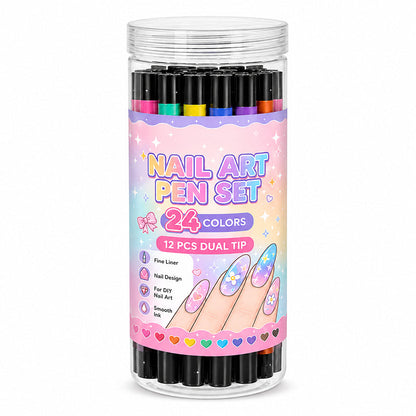 💅 FLASH PROMO: 50% KORTING! ⏰ Set van 12 Dubbelzijdige Nail Art Pennen – 24 Levendige Kleuren – Fijne Punt & Penseel voor DIY Manicure 🎨