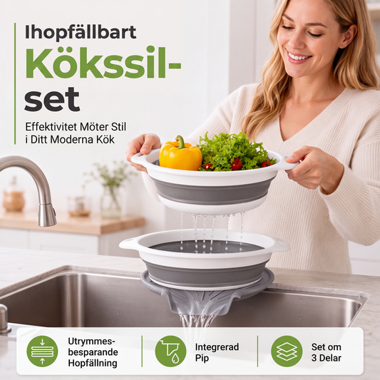 🥗 3-Delige inklapbare vergietenset met lekbodem – Ruimtebesparende keukenzeven voor fruit, pasta & groenten