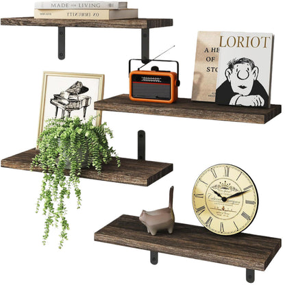 Wandgemonteerde zwevende houten planken met halfronde ijzeren beugels voor de badkamer, kruidenrek in de keuken en plantendisplay in de woonkamer